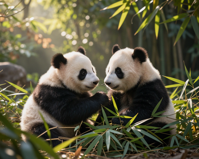 Twin Pandas in Bamboo Forest