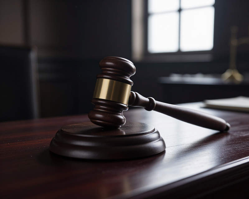 A cinematic, close-up shot of a wooden judge's gavel resting on a dark mahogany desk in a dimly lit courtroom. Soft, dramatic light streaming through a high window, highlighting dust particles in the air. Deep shadows, moody atmosphere, high contrast, professional photography, 85mm lens, sharp focus on the texture of the wood, somber and serious mood.